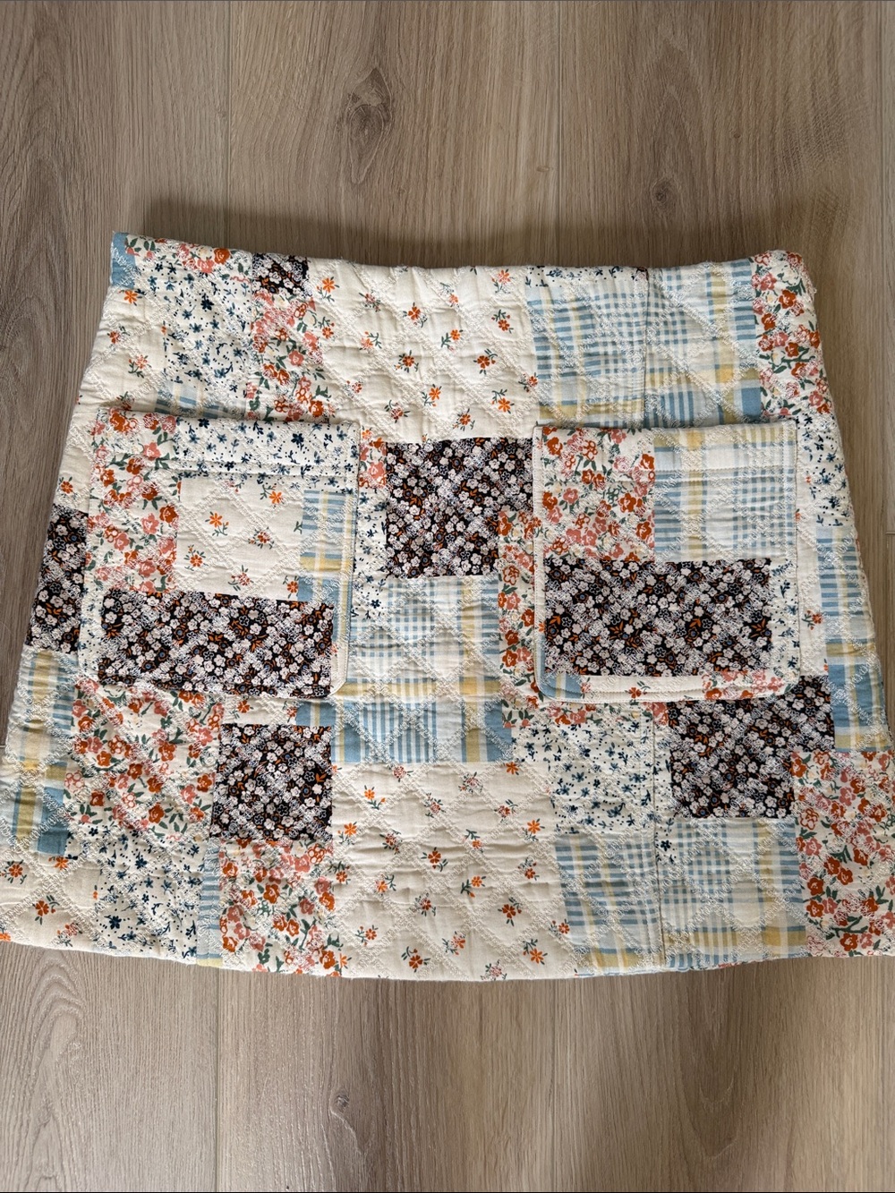 Sezane Quilted Patchwork Mini Skirt in Cream, Blue, Brown and Orange